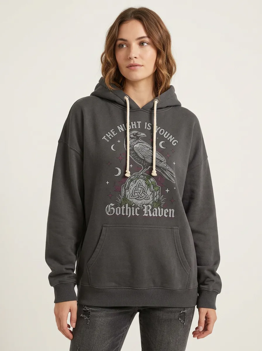 Women's Halloween Gothic Raven Tombstone Printed Hoodie