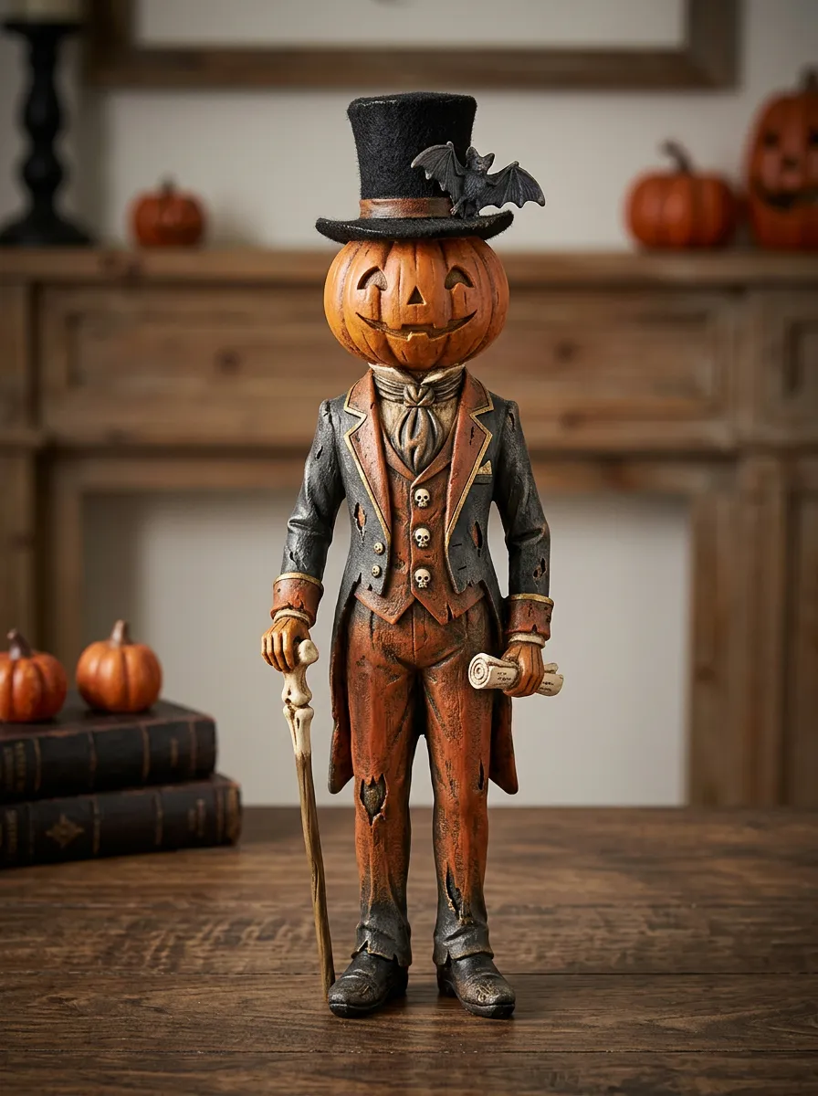 Halloween Pumpkin Gentleman Bat Top Hat Figurine