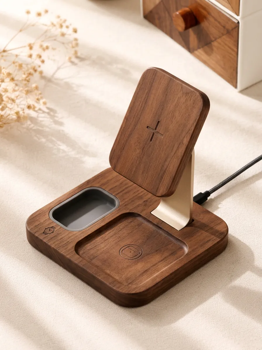 Minimalist Walnut Wood 3-in-1 Wireless Charging Station