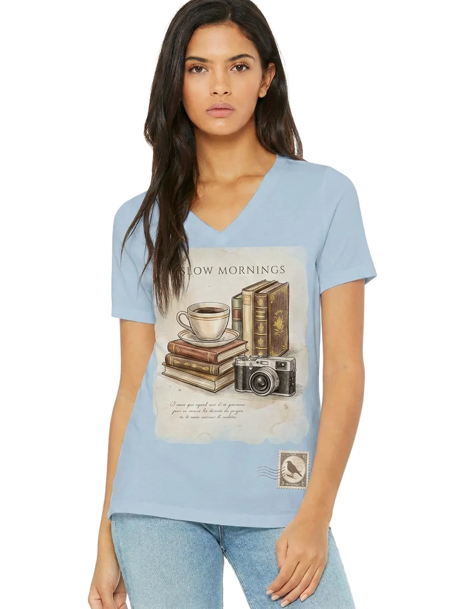 Women's Book Lover Slow Mornings Coffee Camera Printed V-neck T-shirt