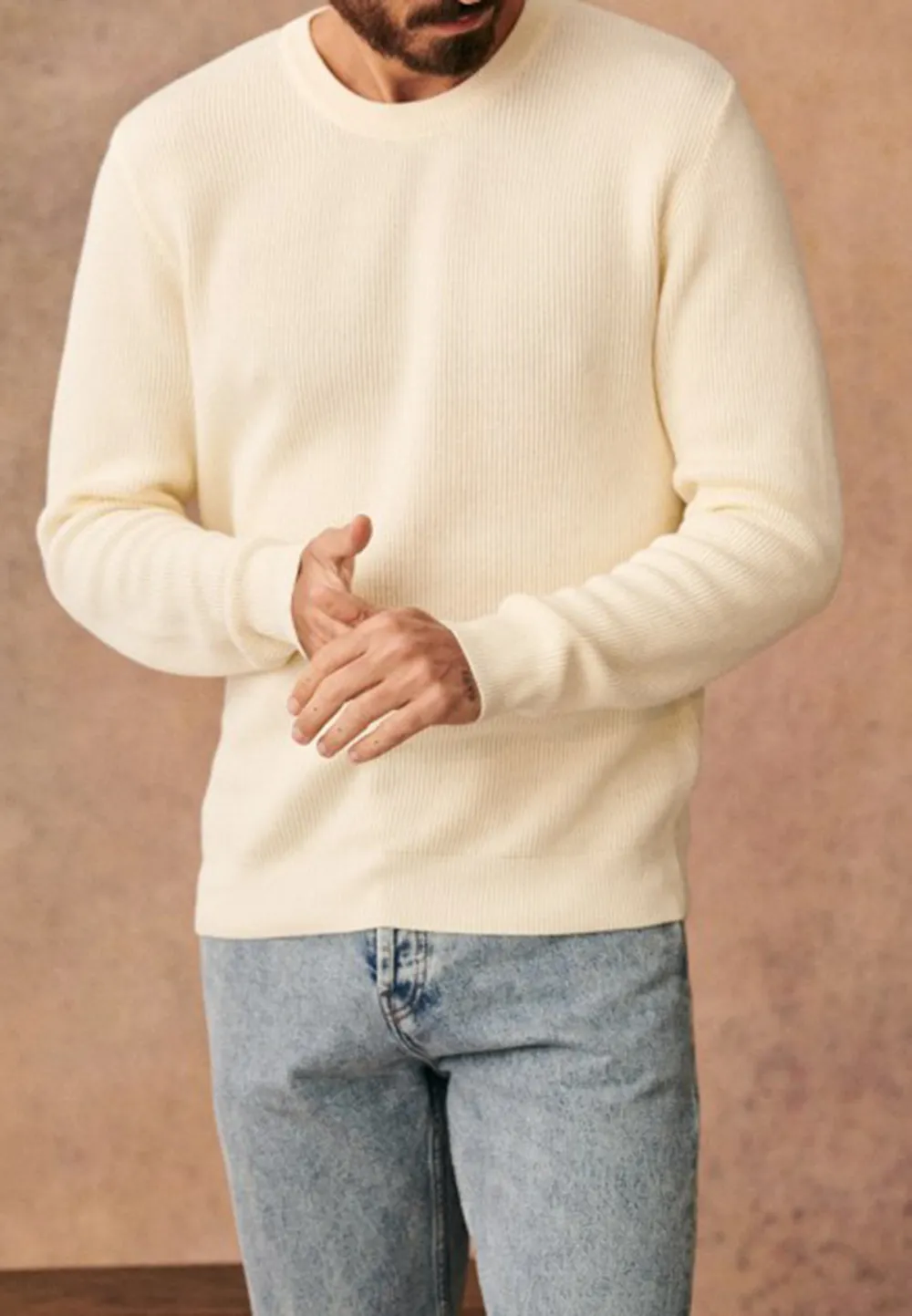 Cream Soft Ribbed Knit Crew Neck Sweater