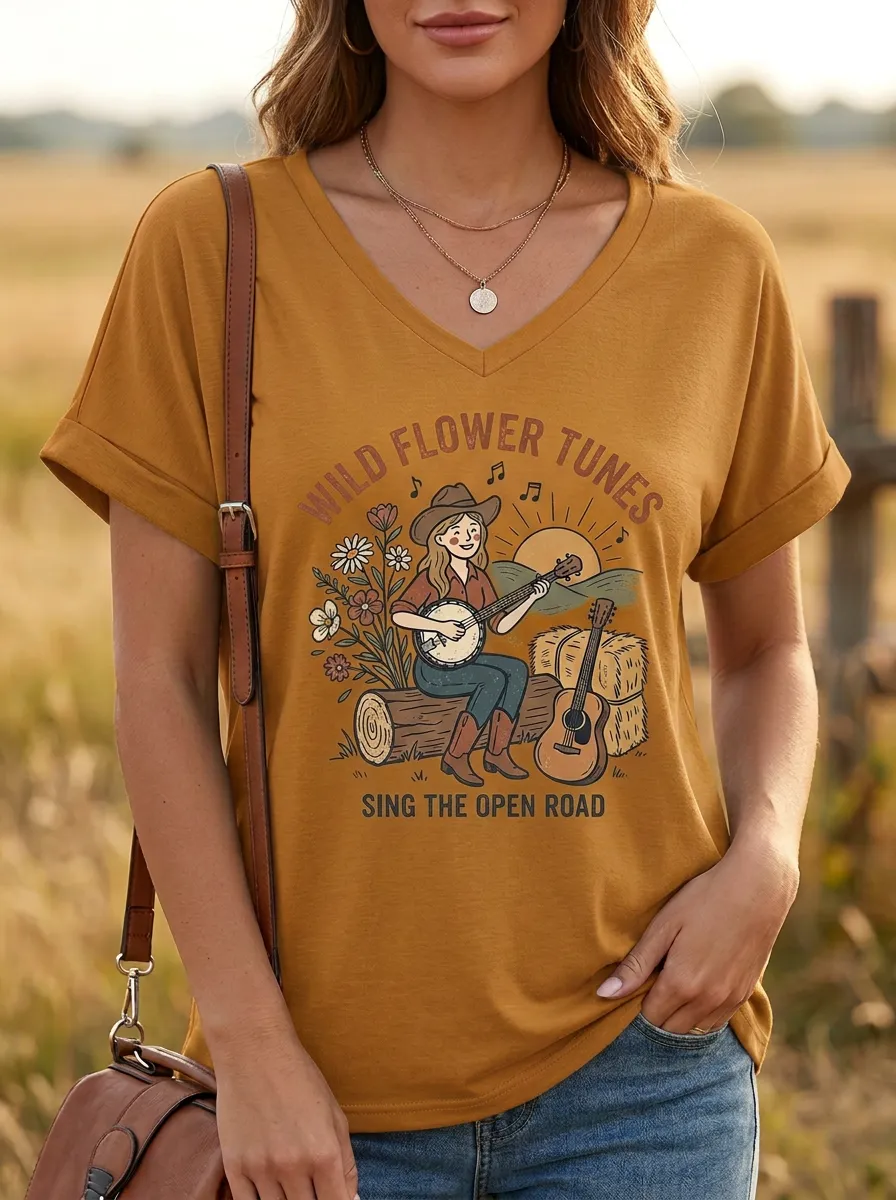 Backroads-Inspired Banjo Custom Country Music V-Neck T-Shirt