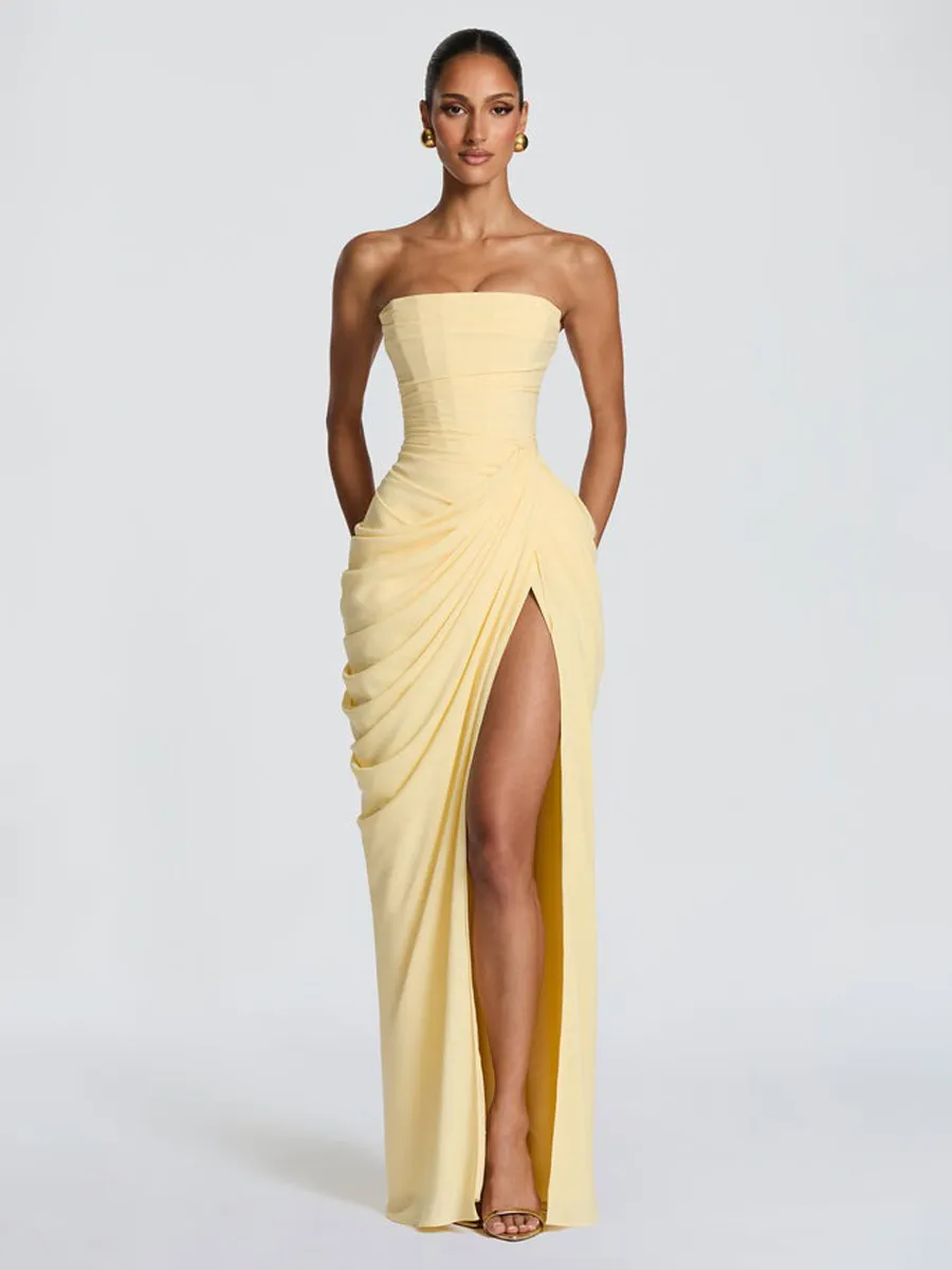 Giselle Ruched Slit Strapless Maxi Dress