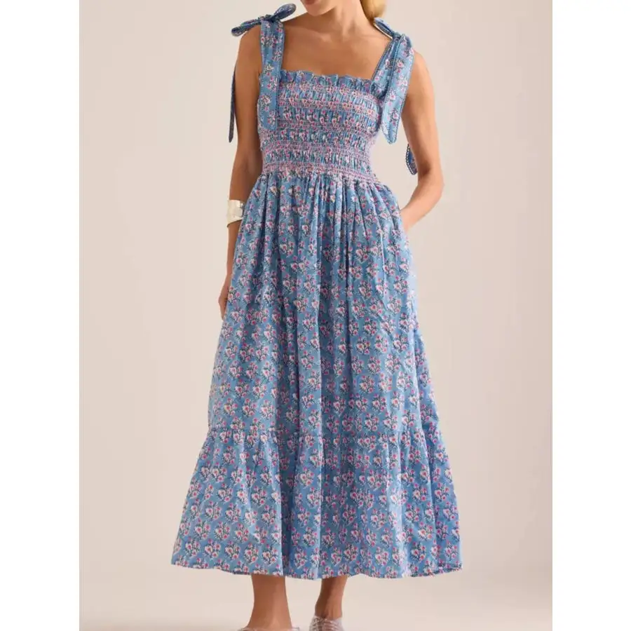 Smocked Tie-Shoulder Midi Dress