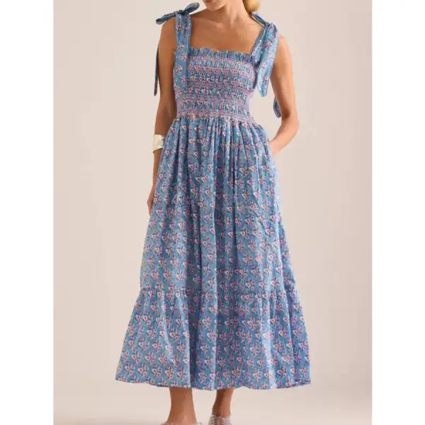 Smocked Tie-Shoulder Midi Dress