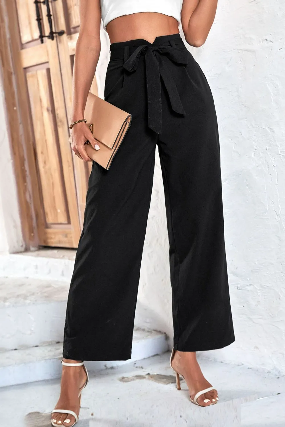 Wide Leg High Waist Tie Waist Everyday Pants