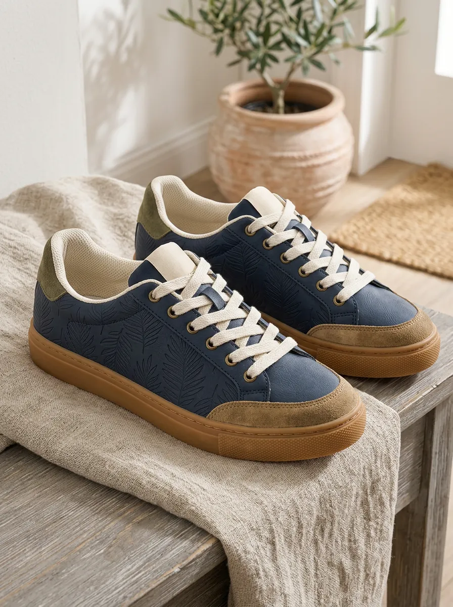 Women's Botanical Leaf Pattern Navy Suede Printed Sneakers