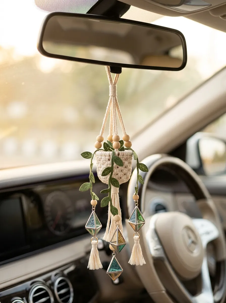 Macrame Crystal Plant Rearview Mirror Hanging Ornament