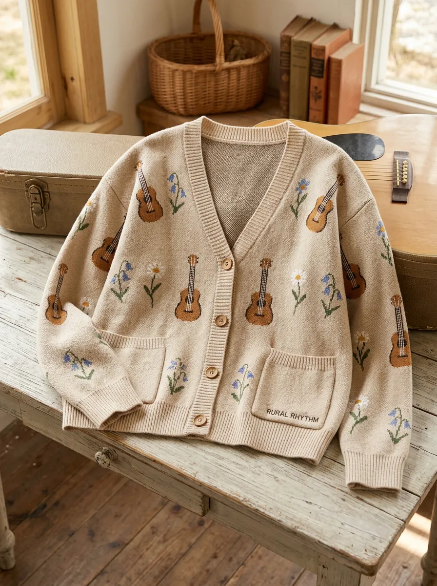 Rustic Illustrated Women's Country Music Knit Cardigan