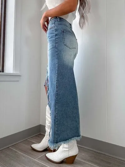 Denim High Rise Raw Hem Pocketed Skirt