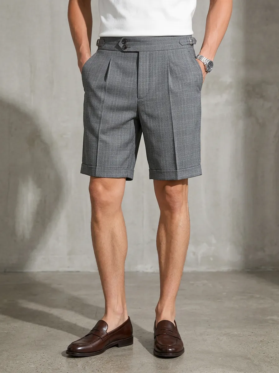 Men's Business Casual Grey Plaid Patterned Tailored Shorts