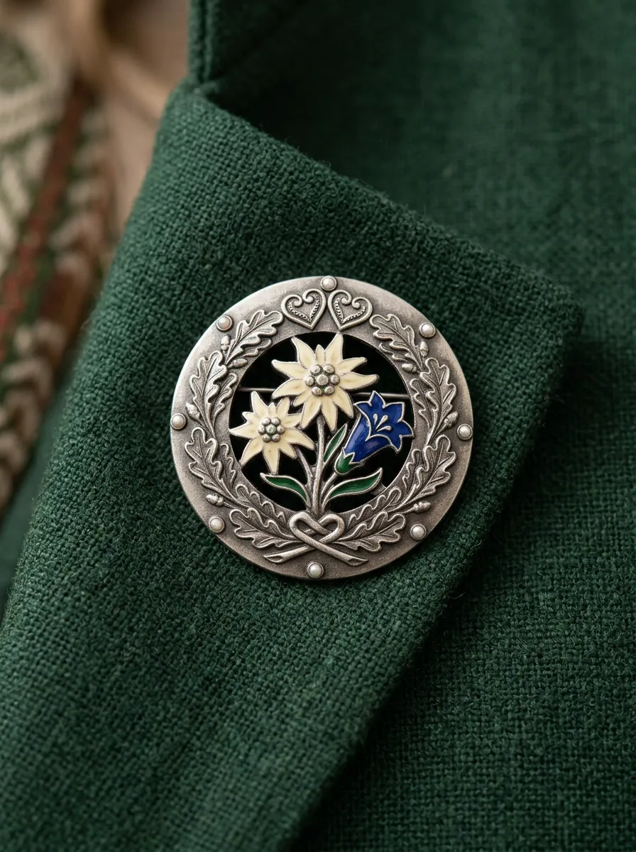 Edelweiss Enamel Floral Alpine Motif Bavarian Oktoberfest Brooch Pin