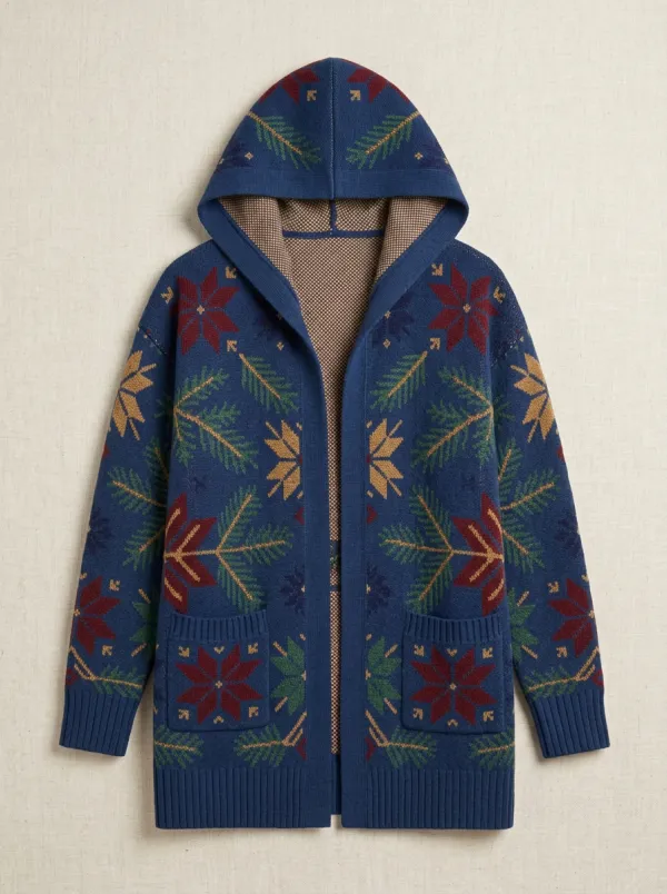 Unisex Christmas Snowflake Pine Tree Print Hooded Cardigan
