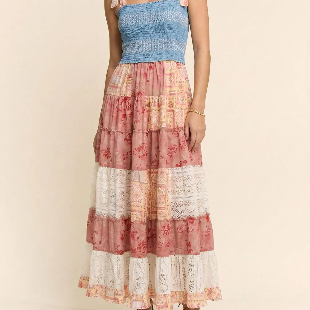 Floral Lace Detail Denim Smocked Dress