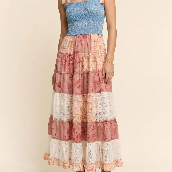 Floral Lace Detail Denim Smocked Dress