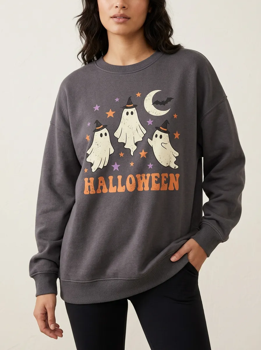 Women's Halloween Ghost Witch Hat Moon Stars Printed Sweatshirt