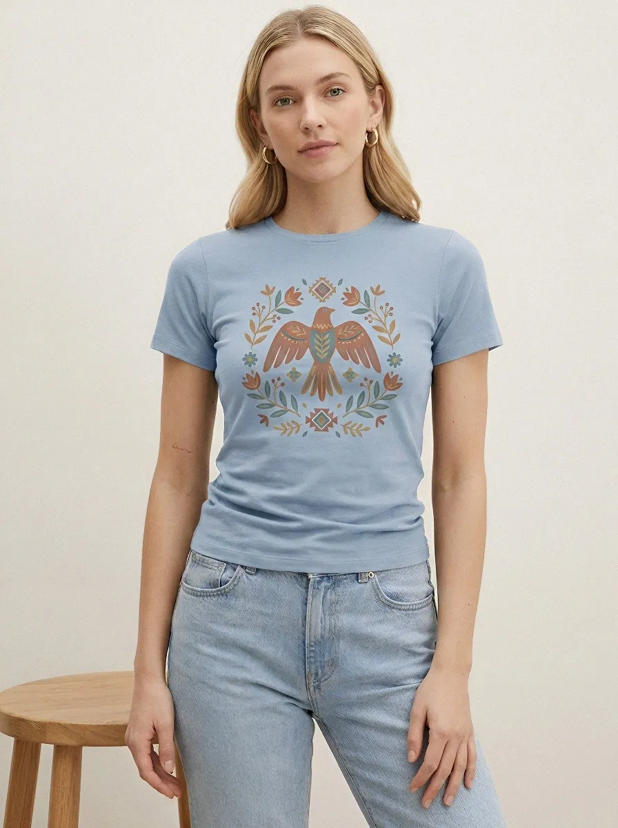 Women's Boho Nature Lover Bird Floral Wreath Printed T-shirt