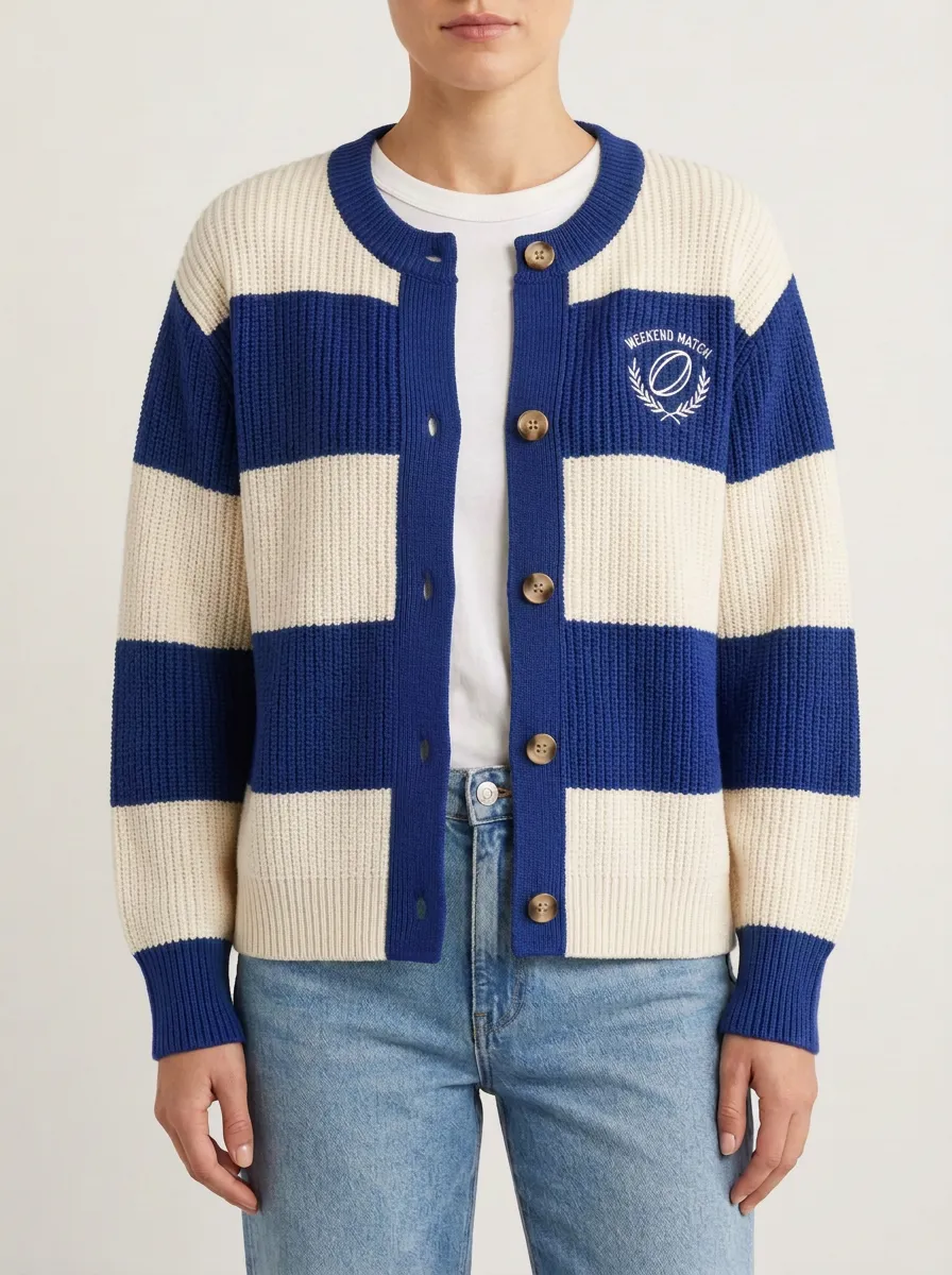Rugby Weekend Match Embroidered Striped Cardigan