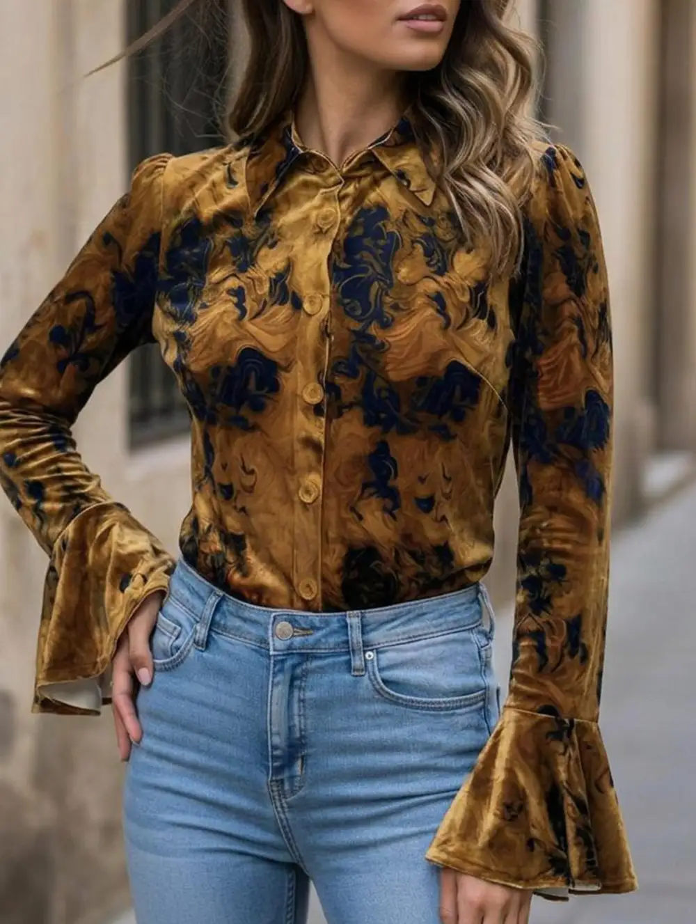 Printed Flare Sleeve Vintage Velvet Top