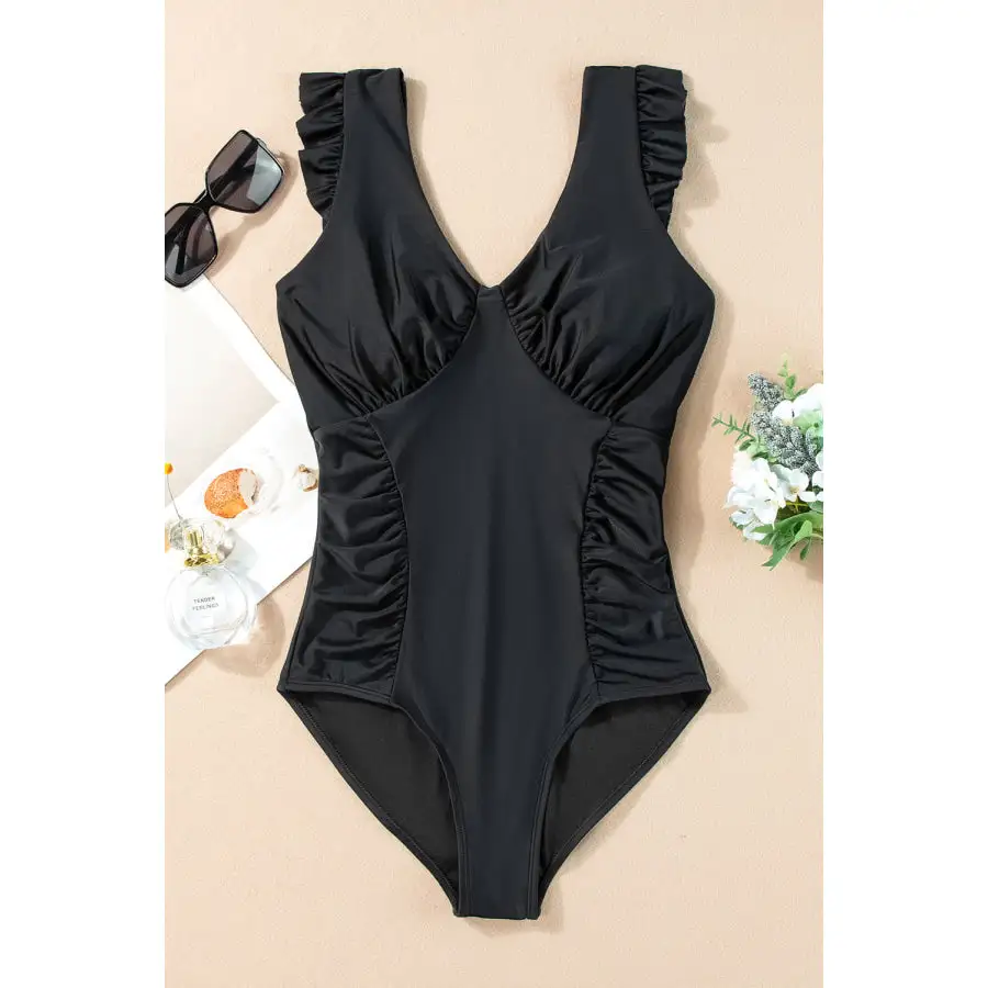 Women's Ruffled Ruched V-Neck One-Piece Swimsuit