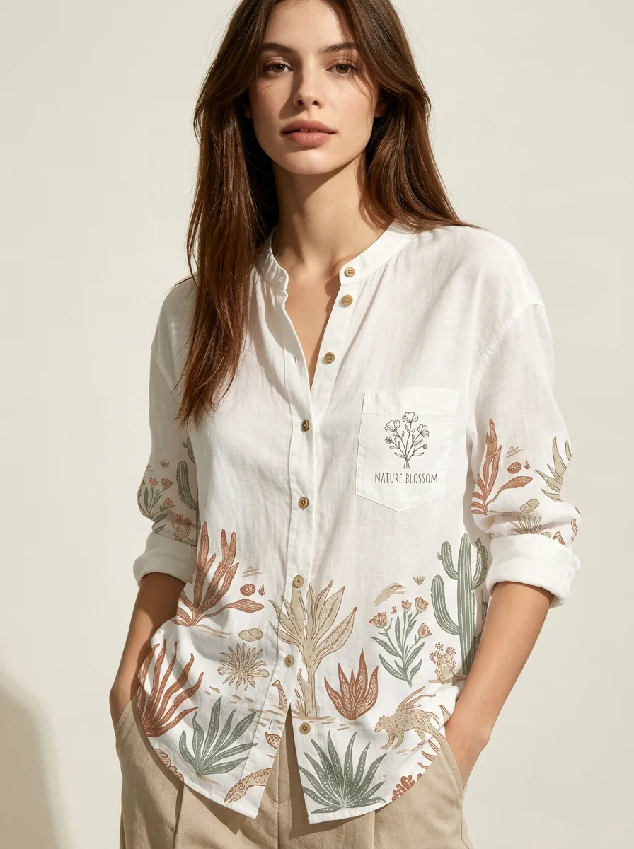 Nature Lover Desert Cactus Floral Linen Shirt