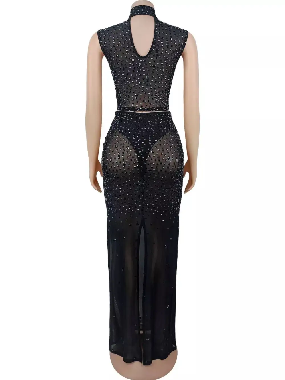 Sleek Rhinestone Sleeveless Top And Skirt Set