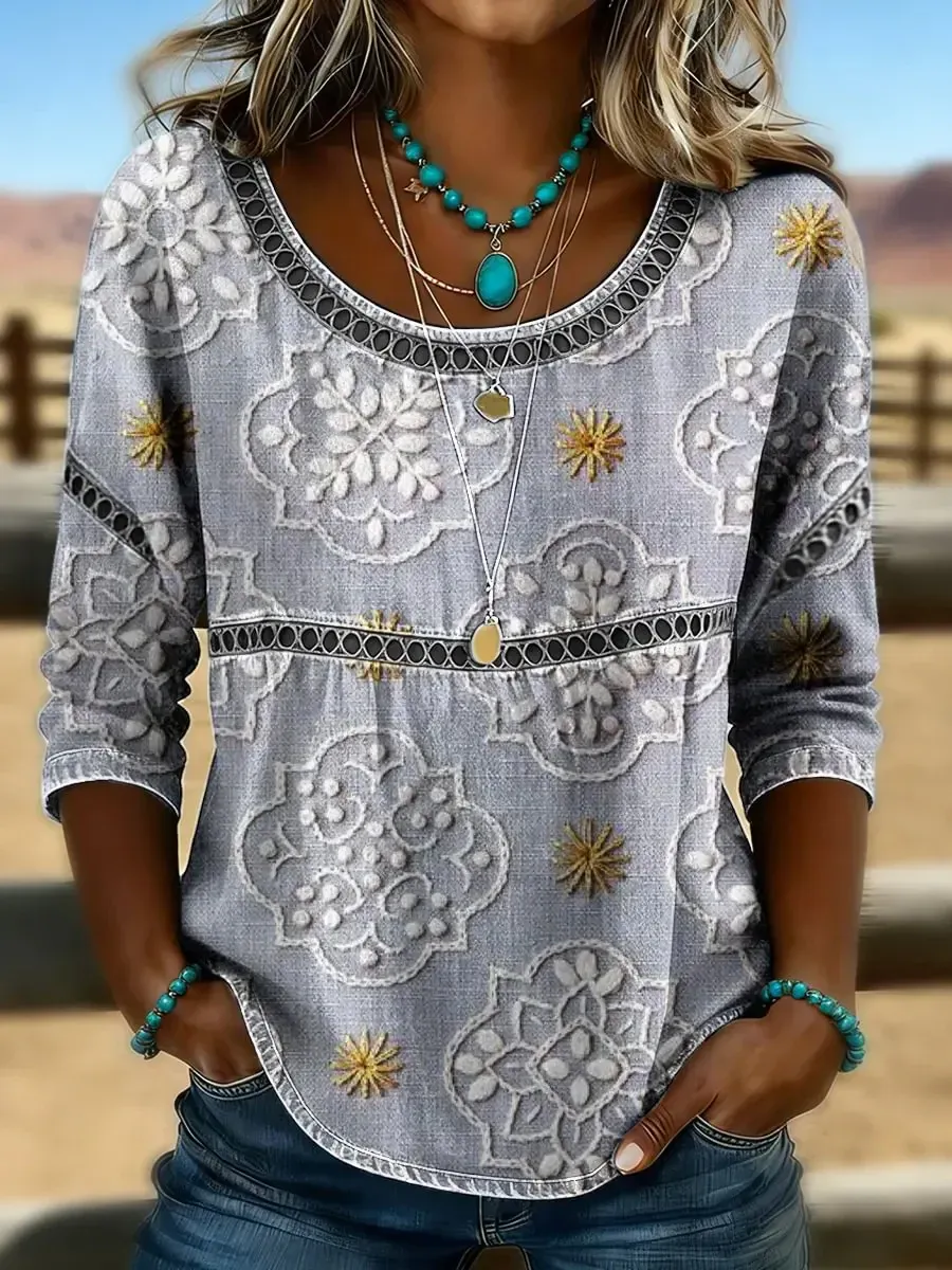 Women's Retro Western Art Print Casual T-shirt