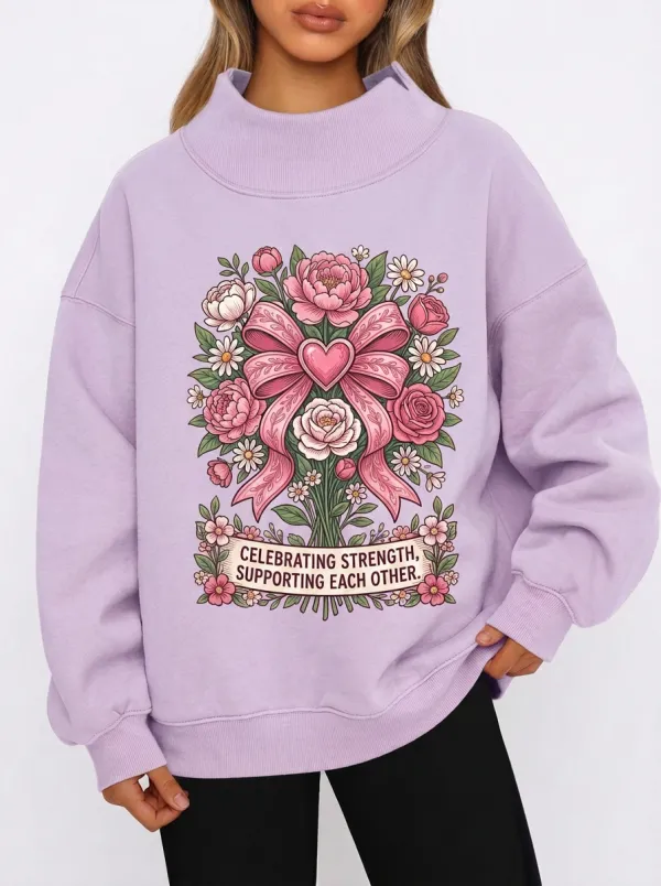 Women's Breast Cancer Awareness Floral Heart Ribbon Printed Sweatshirt