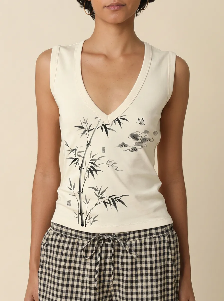 Women's Zen Bamboo Ink Wash Butterfly Printed Tank Top