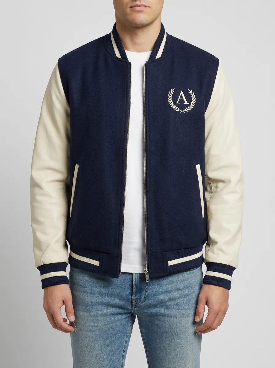 Men's Letter A Laurel Embroidered Wool Baseball Jacket