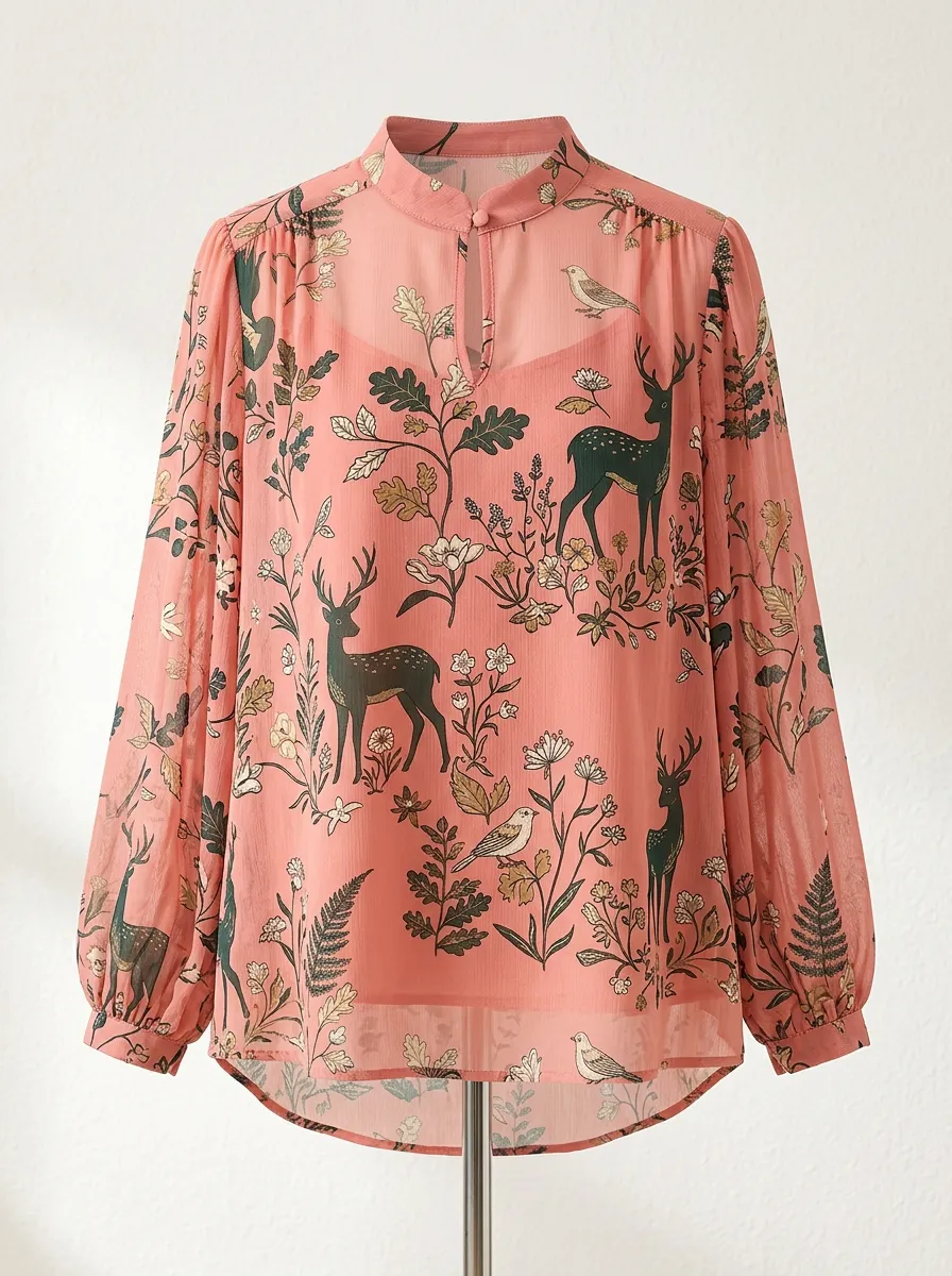 Bird Deer Floral Women's Loose Printed Blouse