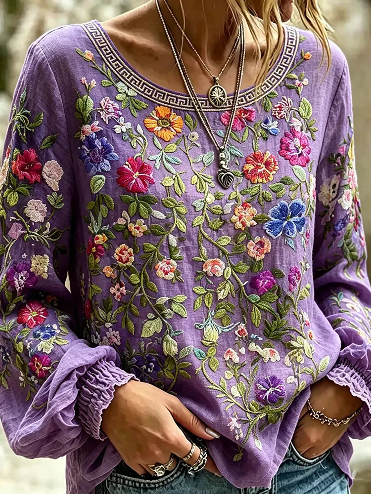 Women's printed purple artistic round neck shirt