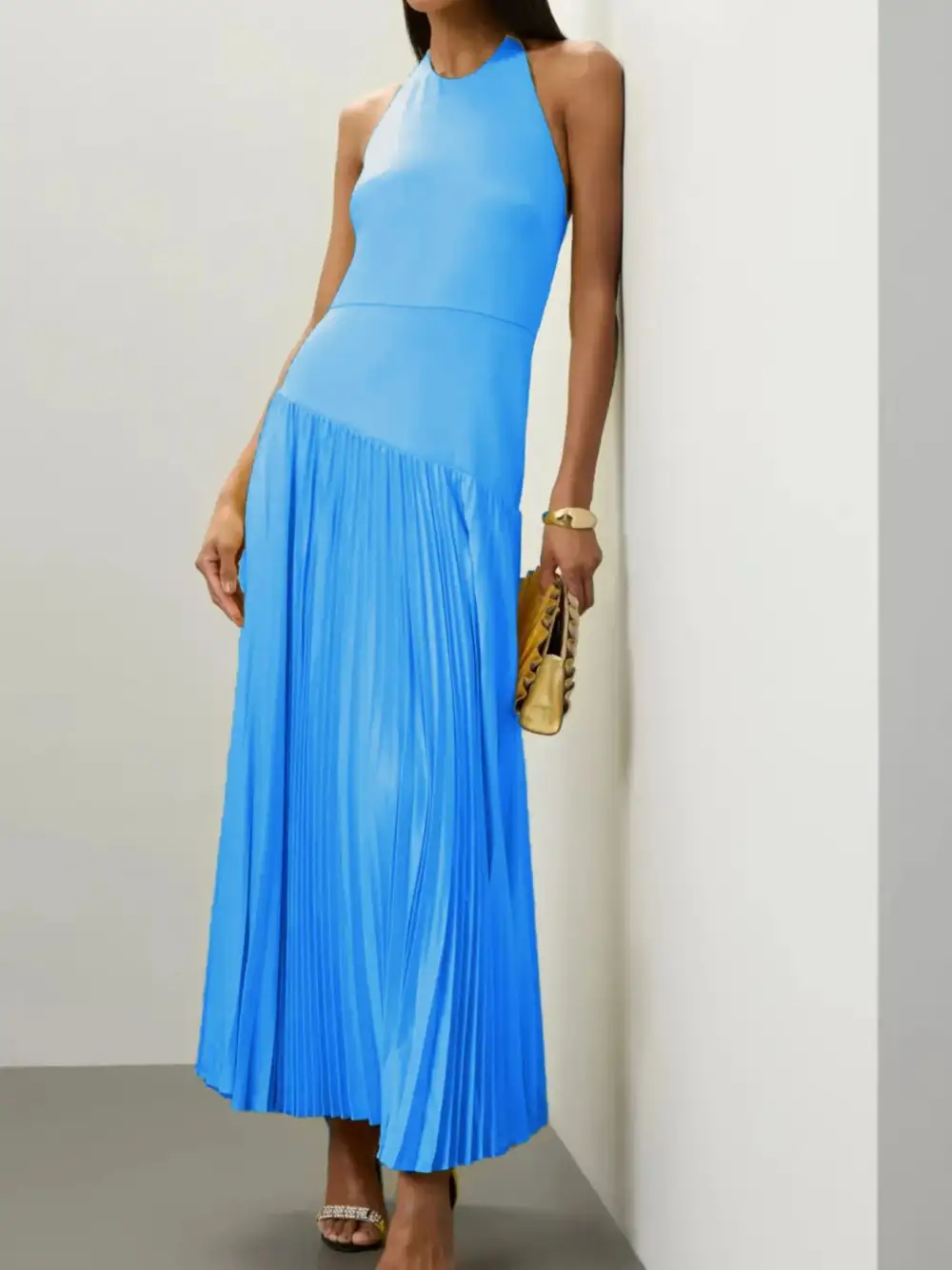 Pleated Halter Cotton Maxi Dress