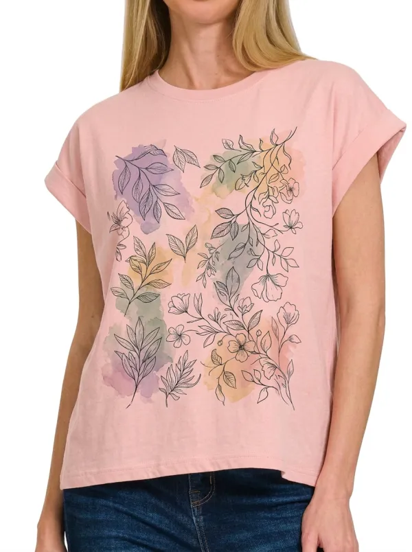 Women's Botanical Nature Lover Watercolor Floral Printed T-shirt