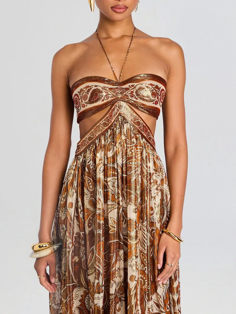 Hollow Print Halter Neck Maxi Dress