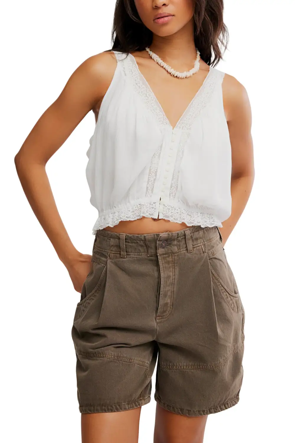 Lace Button Front V Neck Cropped Tank Top