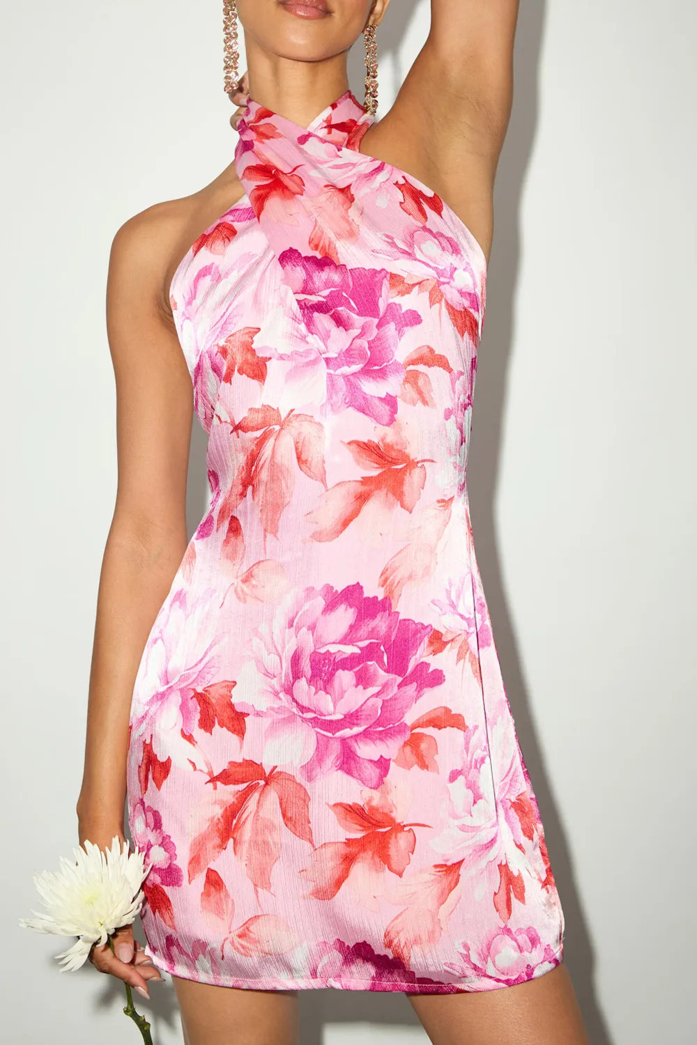 Casual Style Pink Multi Floral Print Satin Halter Mini Dress