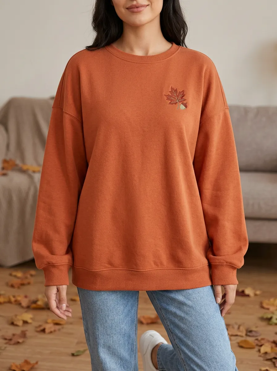 Layered Maple-Leaf Embroidered Acorn Graphic Sweatshirt