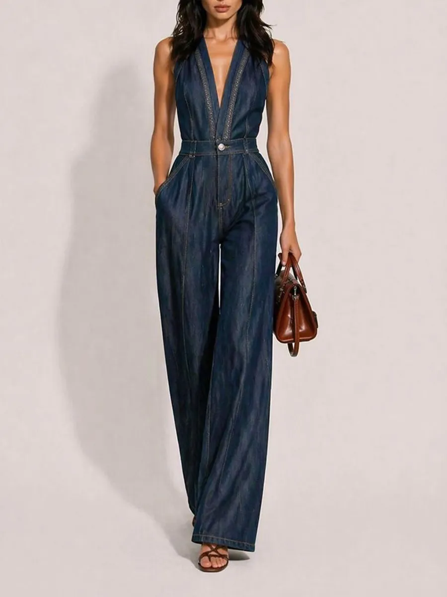 Clementine Casual Retro V-Neck Sleeveless Denim Jumpsuit