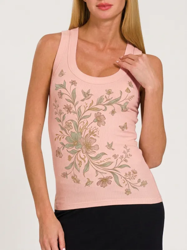 Women's Floral Nature Lover Hummingbird Butterfly Printed Tank Top