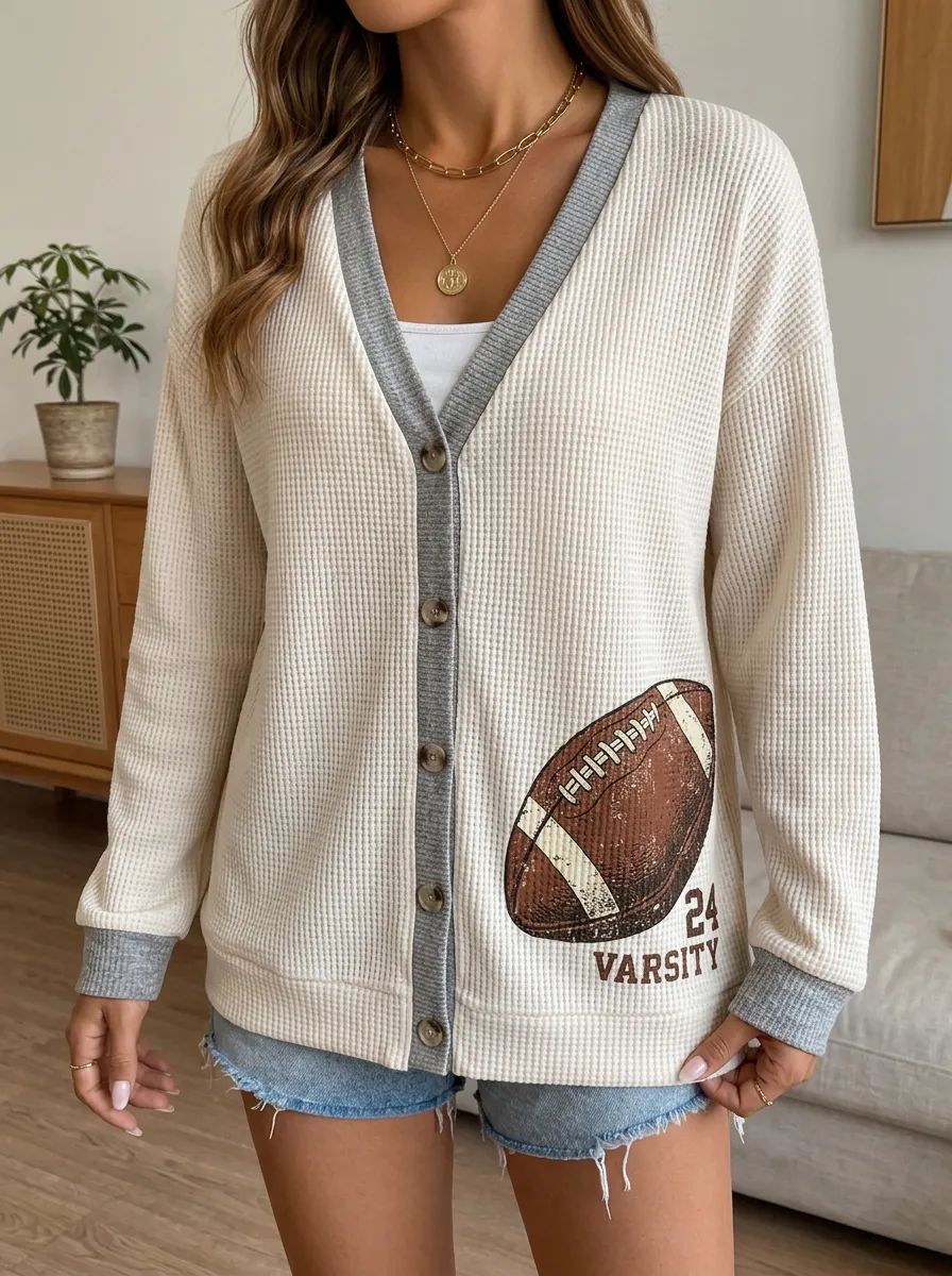 Women's Football Fan Varsity 24 Printed Waffle Knit Cardigan
