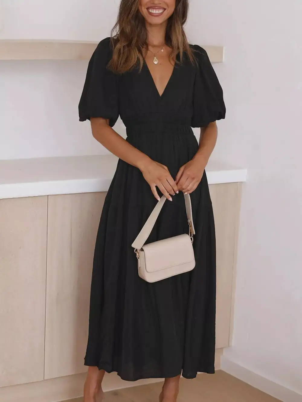 V Neck Puff Sleeve Midi Dress