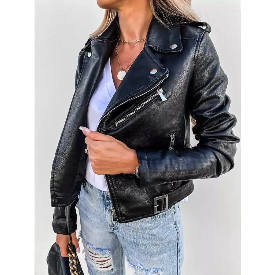 Full Size Zip Up Leather Motorcycle Biker Jacket Plus Size