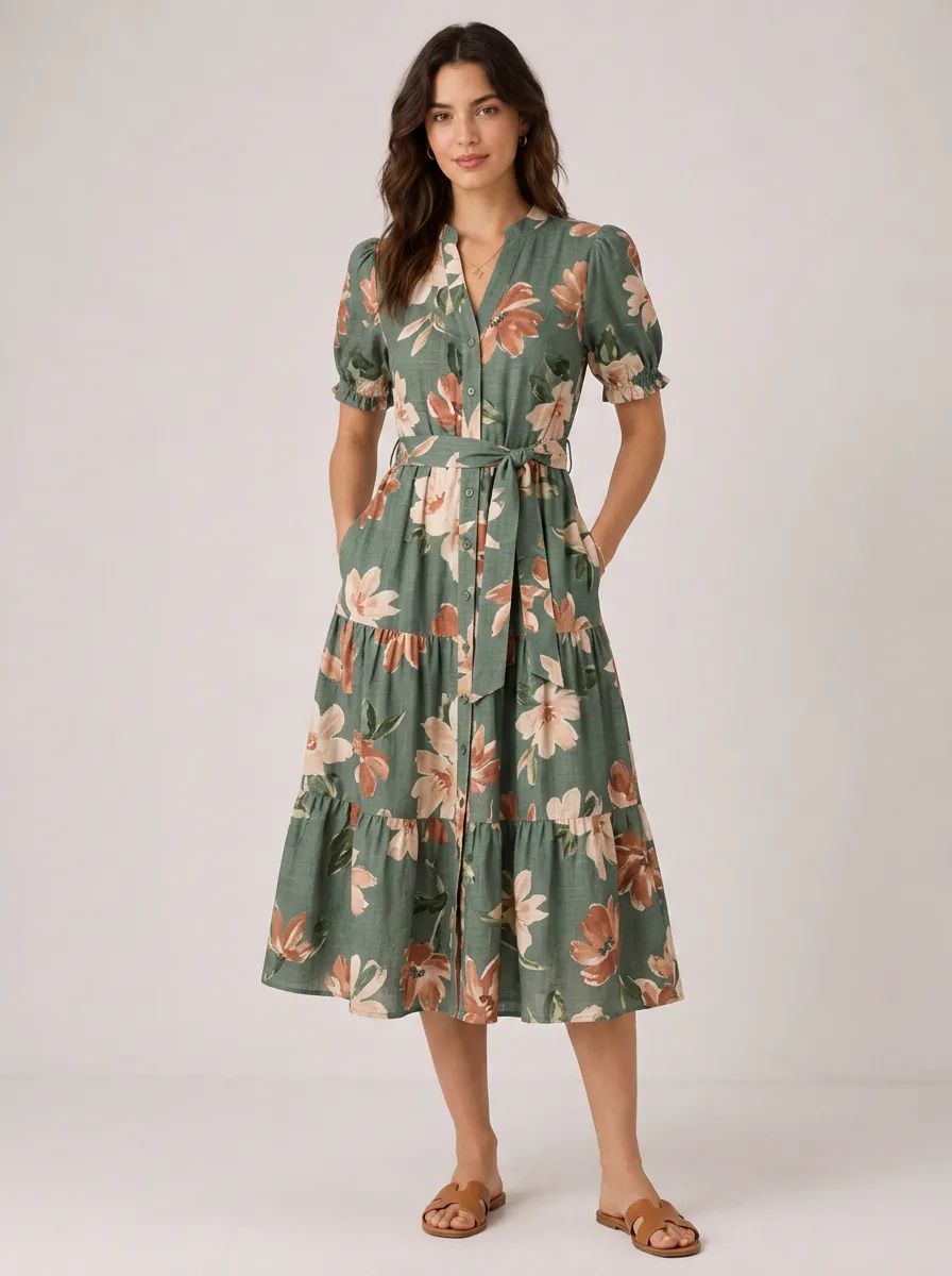 Women's Floral Lover Sage Green Botanical Printed Midi Dress
