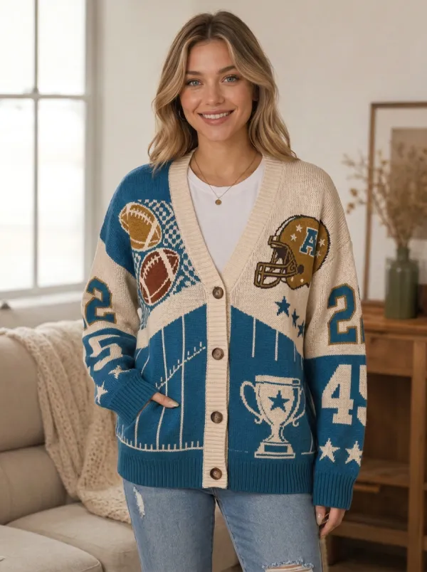 Women's Football Green and Cream Football Graphic Knit Cardigan