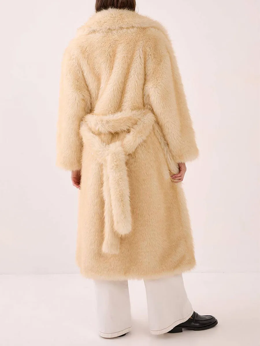 Women's Stylish Cream Fuzzy Long Coat