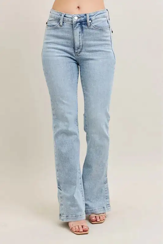 Full Size Tummy Control Vintage Wash Side Slit Slim Boot Jeans Plus Size