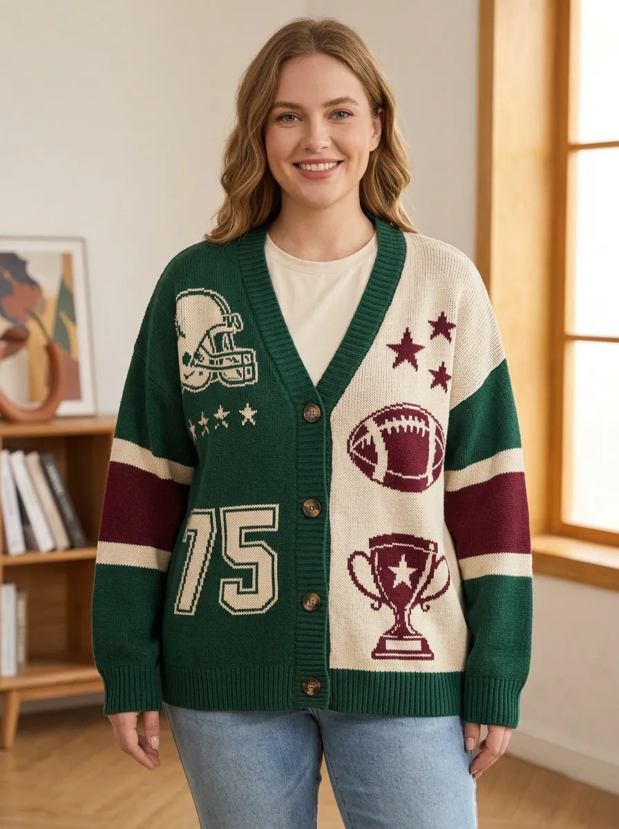 Women's Classic Bold Gridiron Helmet Trophy Ball Knit Cardigan