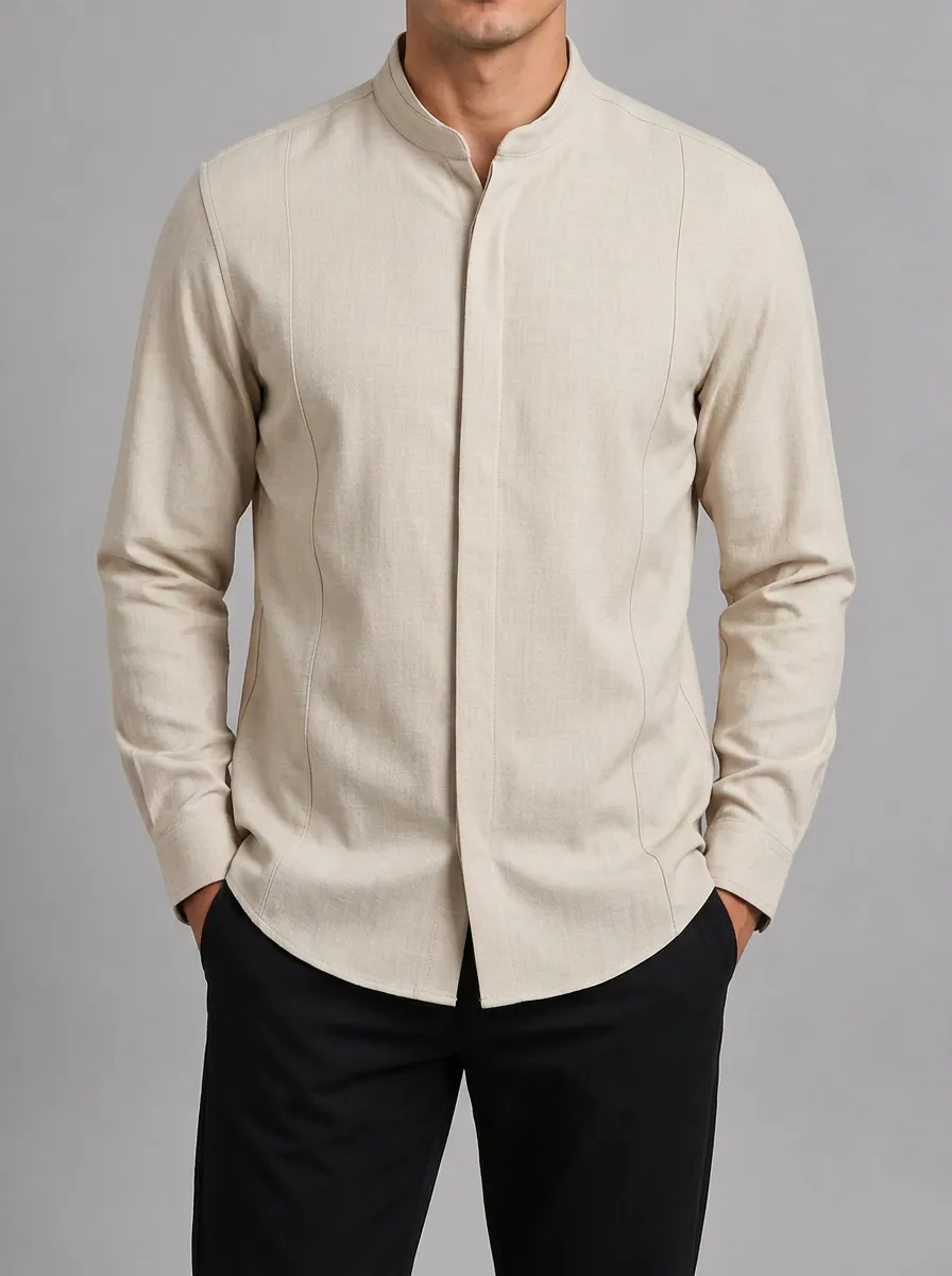 Men's Casual Minimalist Beige Mandarin Collar Long Sleeve Shirt