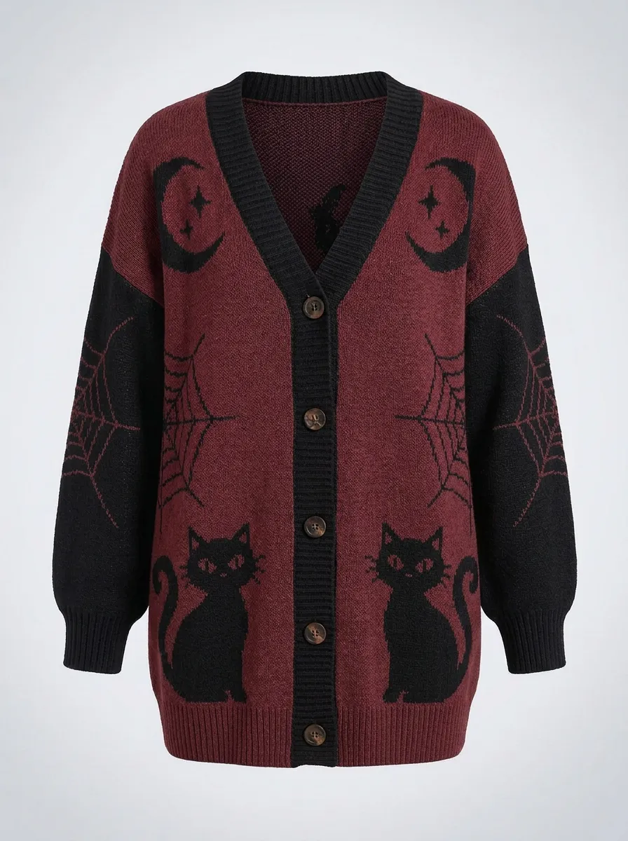 Women's Gothic Black Cat Moon Spiderweb Halloween Knit Cardigan